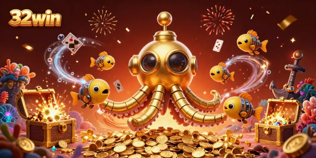 Experience the thrilling world of 32win with a dynamic kraken submarine emerging from golden coins, showcasing live gaming excitement.