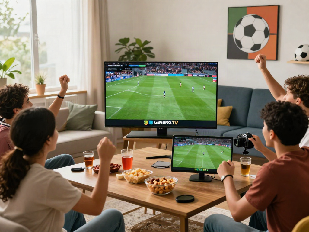 Friends enjoying a live football match on gavangtv.study in a vibrant living room.