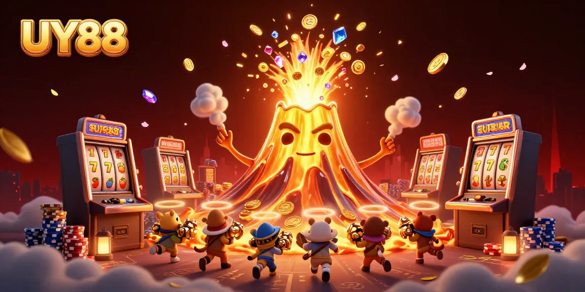 Experience UY88 with a vibrant scene of a golden volcano erupting coins and treasure, symbolizing casino excitement.