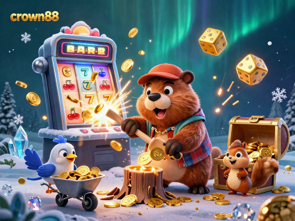 Crown88 online casino scene featuring cartoon beaver and friends collecting coins with exciting game elements