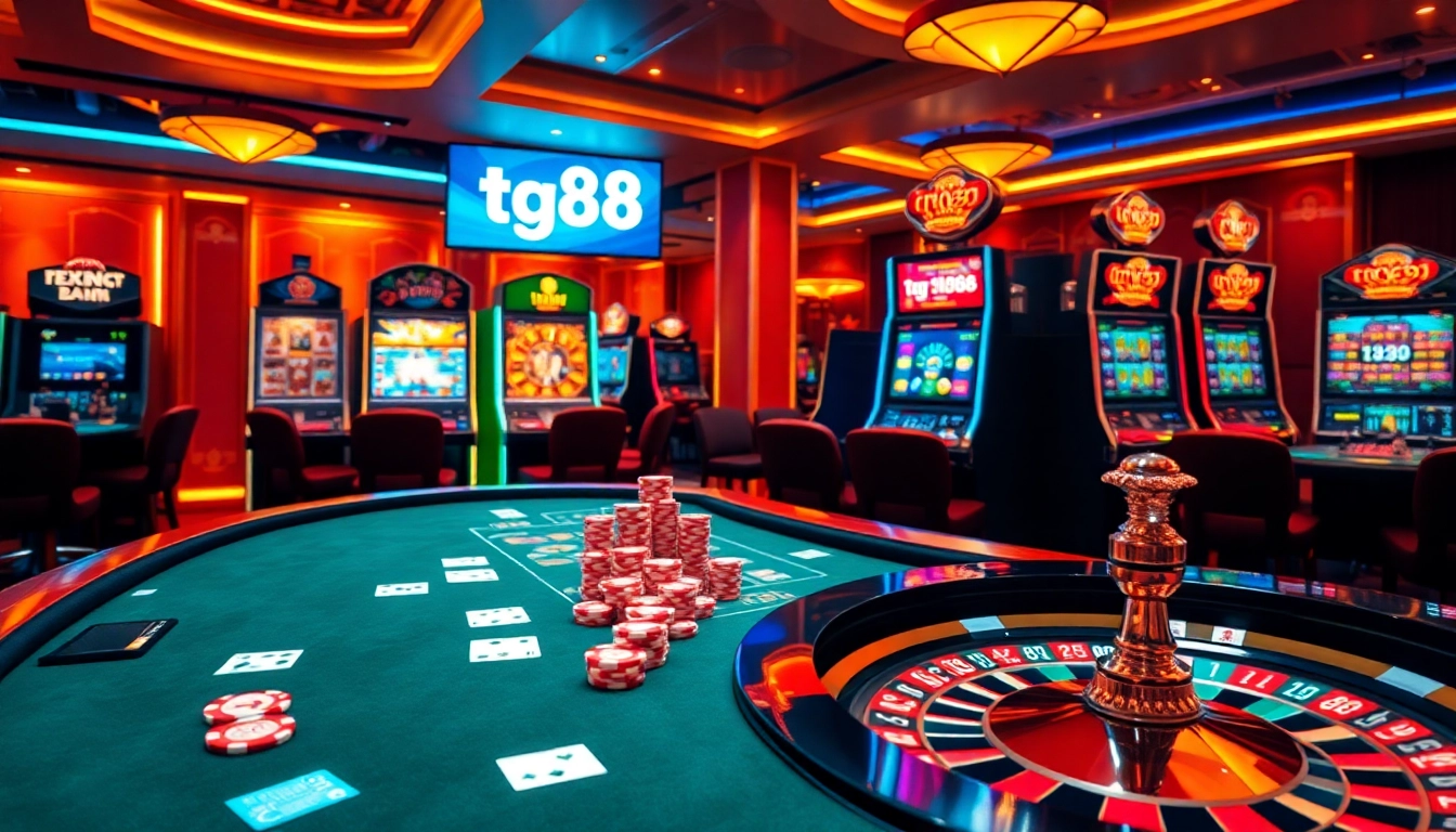 Excited players engaged at tg88 casino table with poker chips and cards in hand.