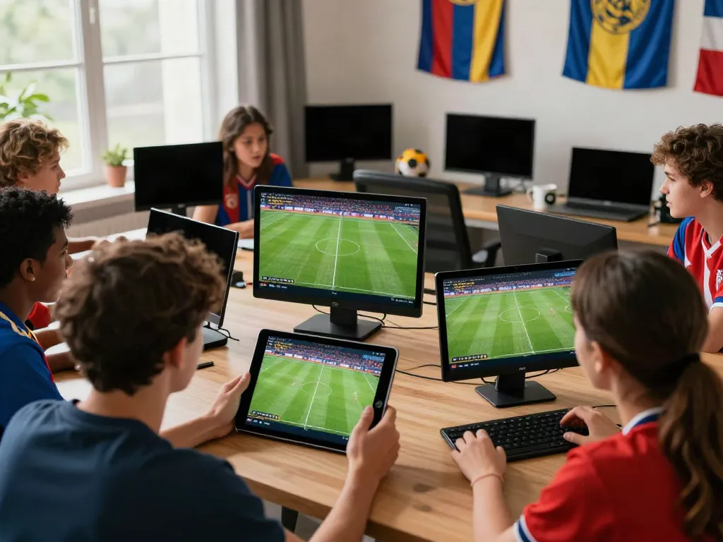 Sports fans enjoying live football on multiple screens at https://socolivekz.uk, highlighted by vibrant team colors and engaged discussions.
