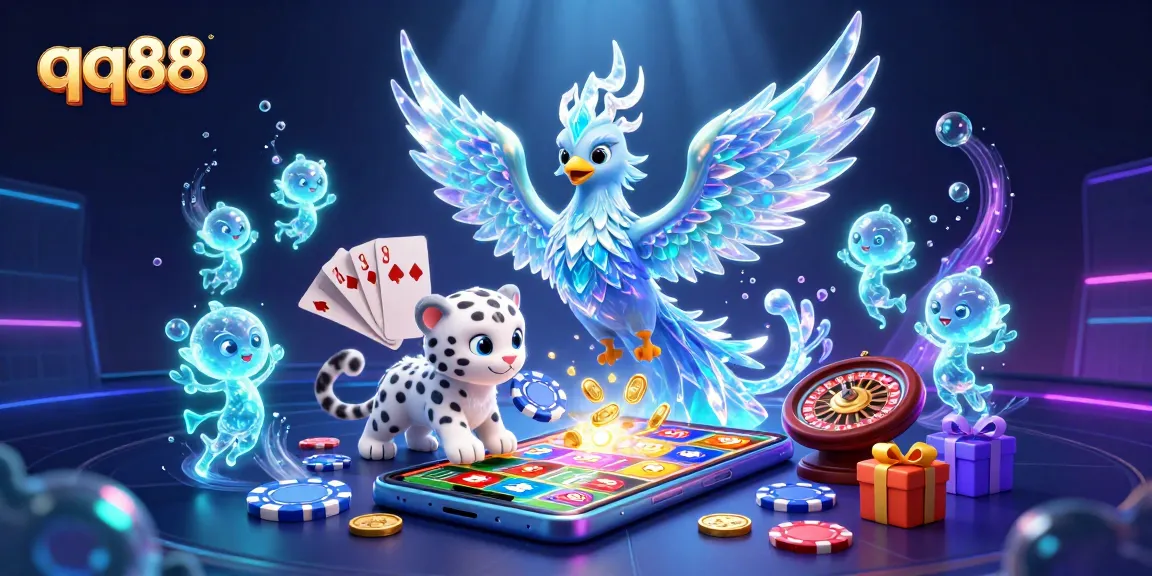 Engage in thrilling gaming adventures at qq88, featuring an ice phoenix, poker elements, and magical sprites.