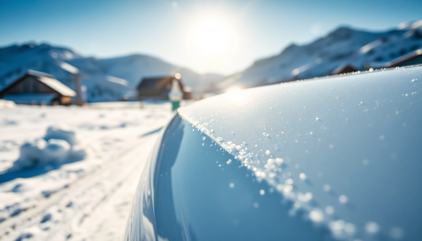 Showcase PPF winter road salt protection on a car in snowy landscape, highlighting its glossy finish.