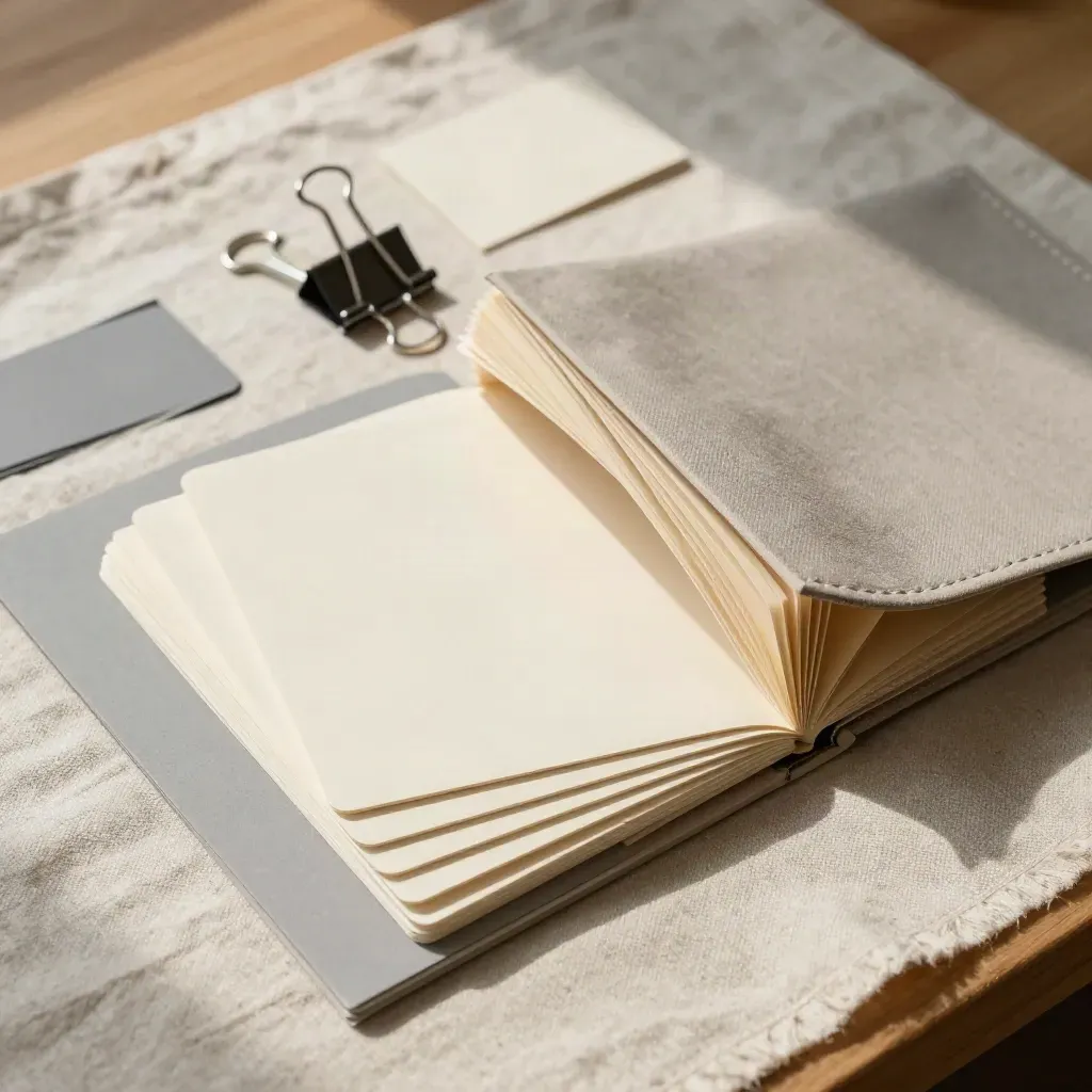 Overhead flat lay of open template folders, blank cards, and file clips on a linen desk.