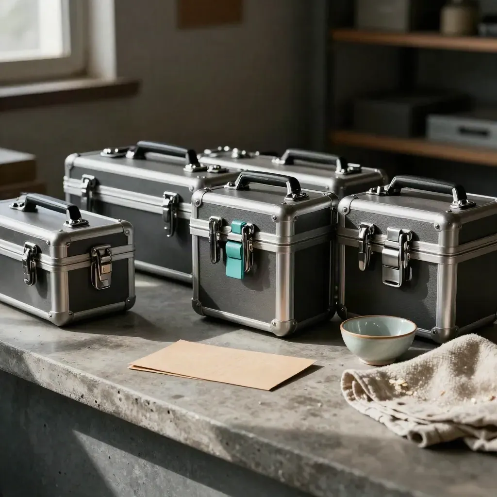 Three sealed tool cases, face-down card, bowl and folded cloth on a workshop counter.