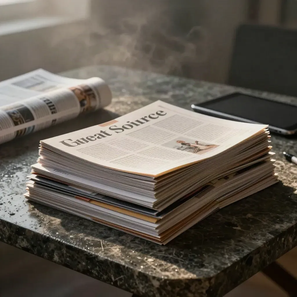 Curated guides, folders, and a tablet on a stone table in moody dawn fog.