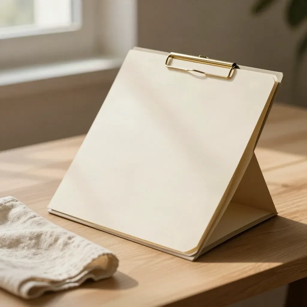 Ribbon-tied template folders, brass clip, and linen cloth on a pale oak table in warm window light.