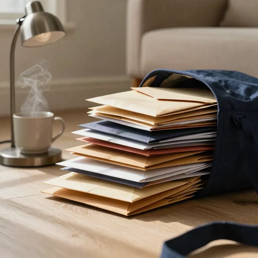 Mailer stack spilling from a tote beside a chair and lamp, with steam rising from a mug.