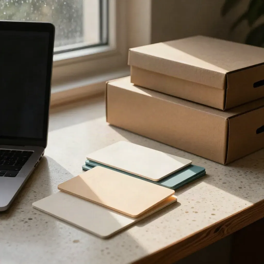 Tiered pricing cards, closed laptop, dark monitor and boxes in a cozy rainy office corner.