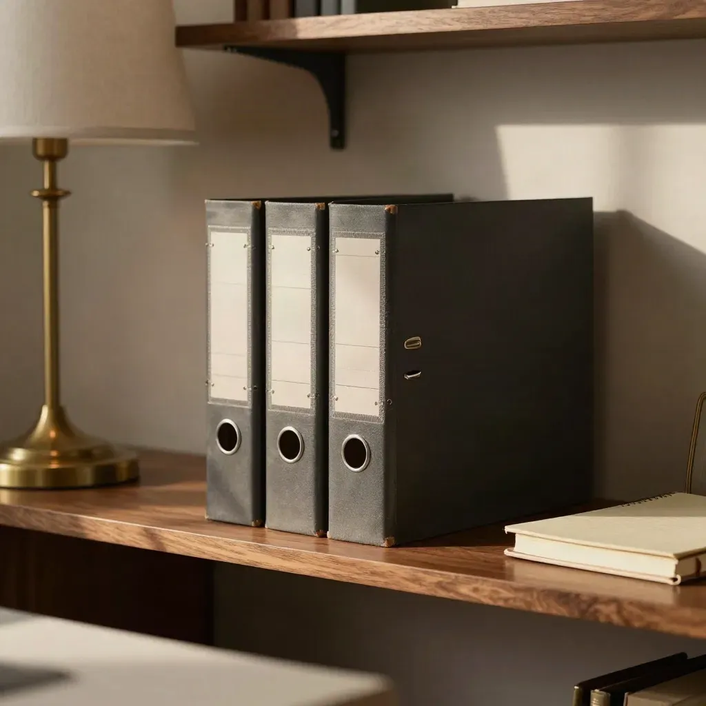Three binders, a notebook, and a brass lamp on a walnut shelf in a quiet office nook.