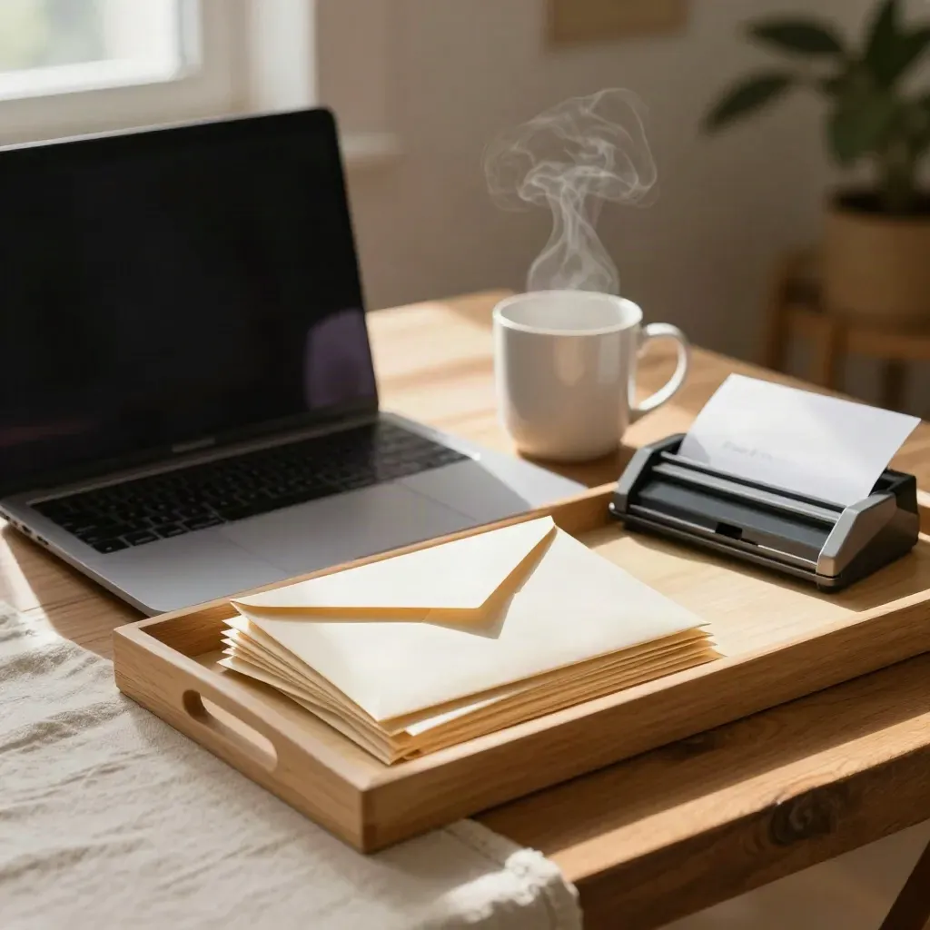 Closed laptop, envelopes, mug and paper tray in warm morning window light.