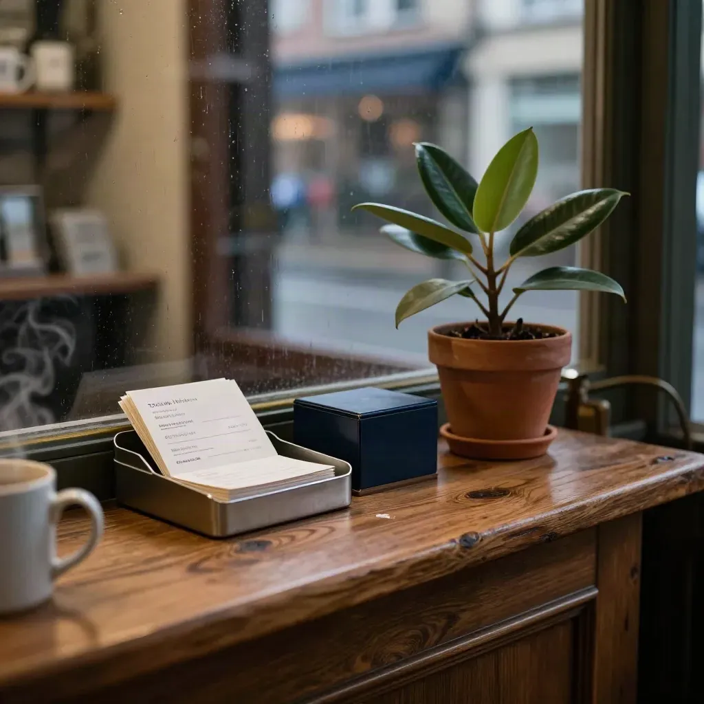 Shop counter by a dusk-lit window with cards, tray, and potted plant