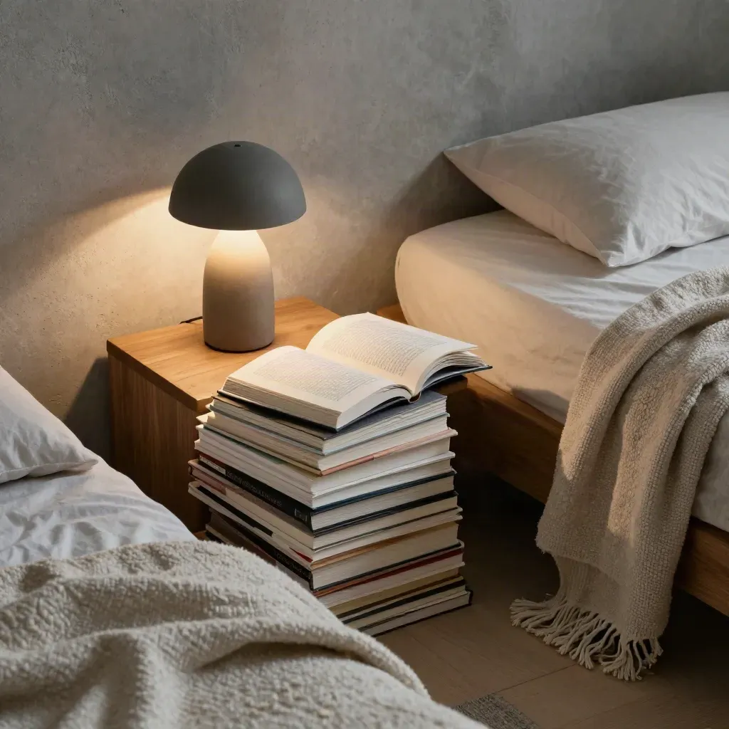Bedside booklets, lamp, and folded blanket in soft evening light.