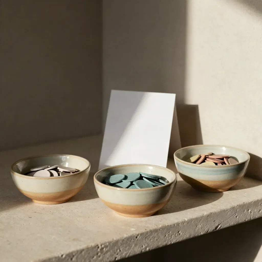 Three ceramic bowls with colored paper tokens and a turned-away result card on a stone shelf.