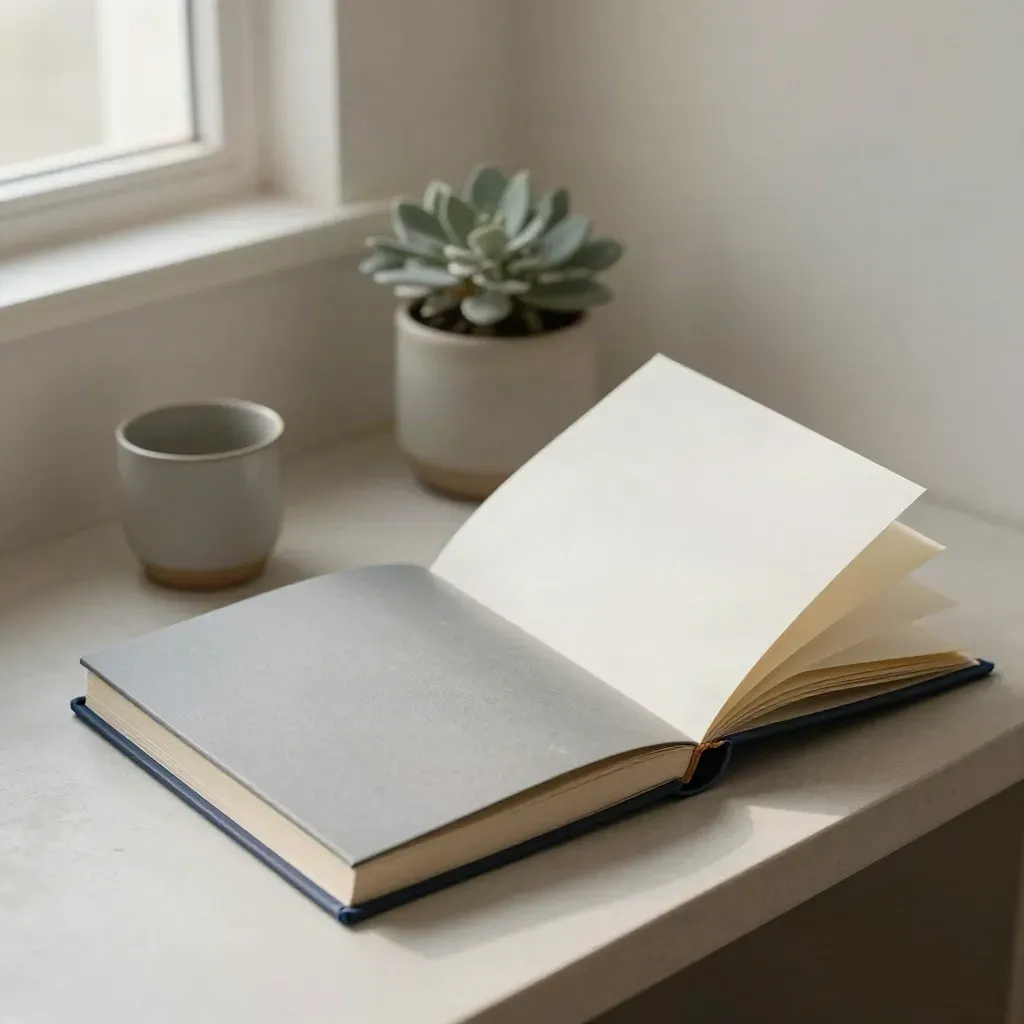 Open and closed sample binders on a pale shelf with a plant and ceramic cup.