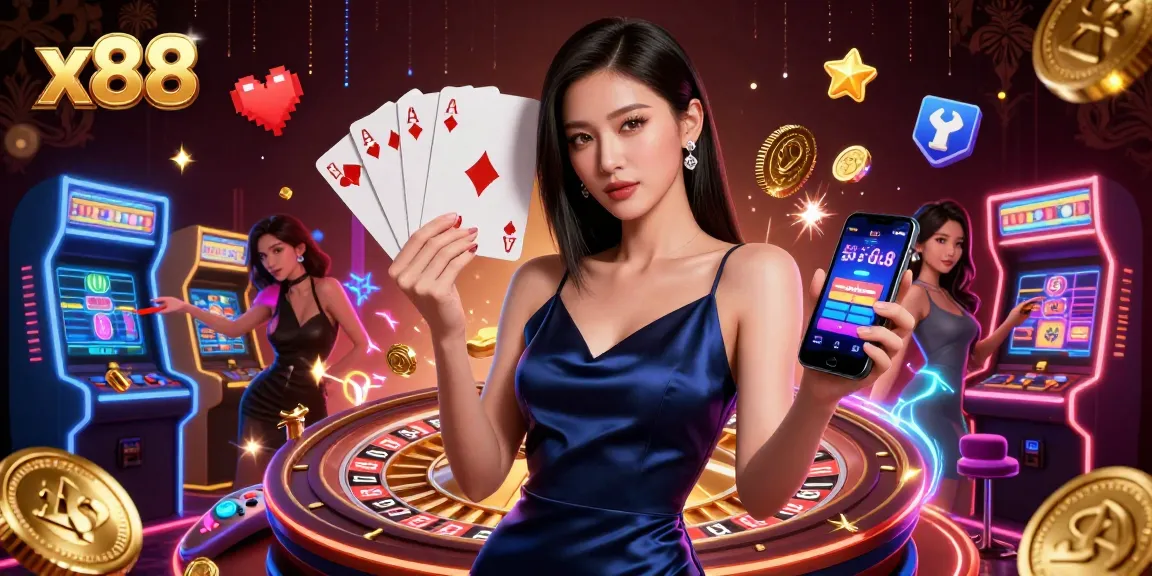x88 casino illustration showcasing a stunning Asian woman with casino elements like chips and a roulette wheel.