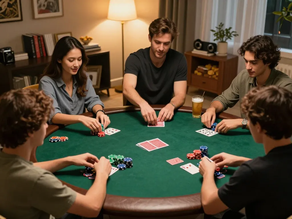 Friends enjoying a poker game with strategy at a cozy home setup and fly88 ambiance.