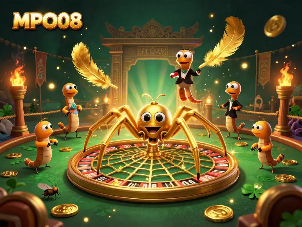 Experience thrilling bets at MPO08 with a massive roulette wheel web spun by a golden spider in a vibrant casino scene.