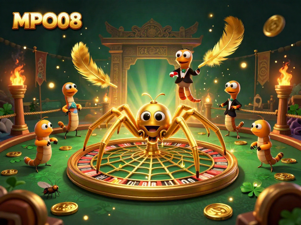 Experience thrilling bets at MPO08 with a massive roulette wheel web spun by a golden spider in a vibrant casino scene.