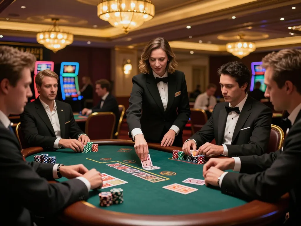 Players engaging in a strategic blackjack game at an upscale casino table featuring MB66.