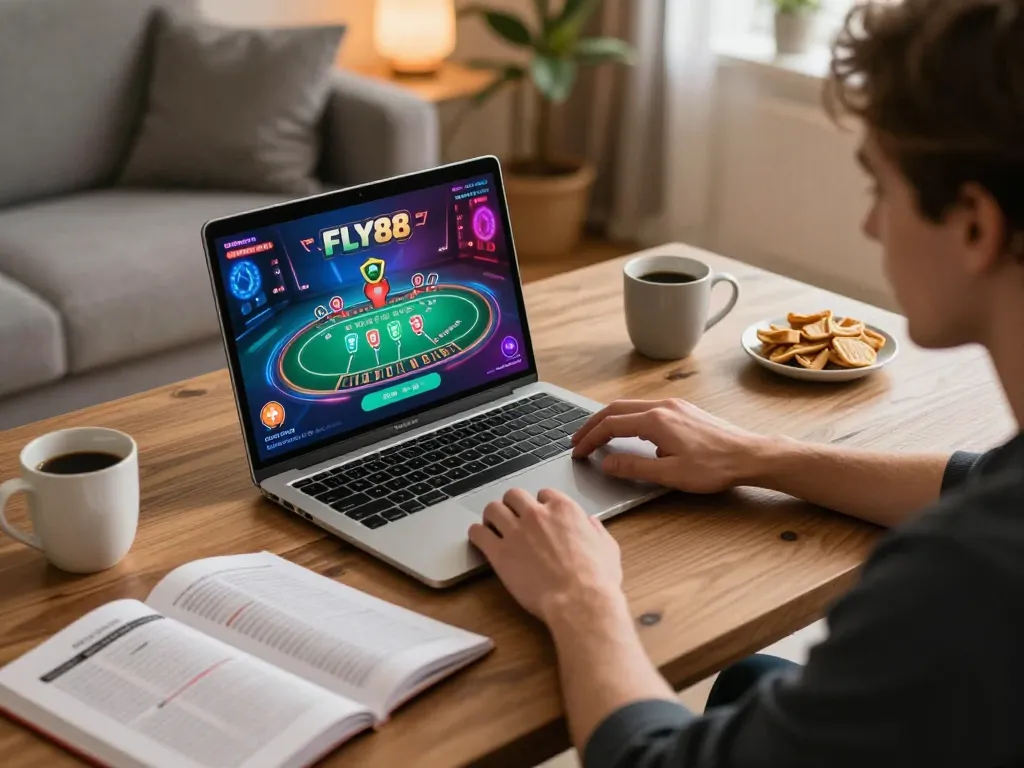 Engage in thrilling online blackjack gameplay at FLY88 with vibrant graphics and a cozy home setup.