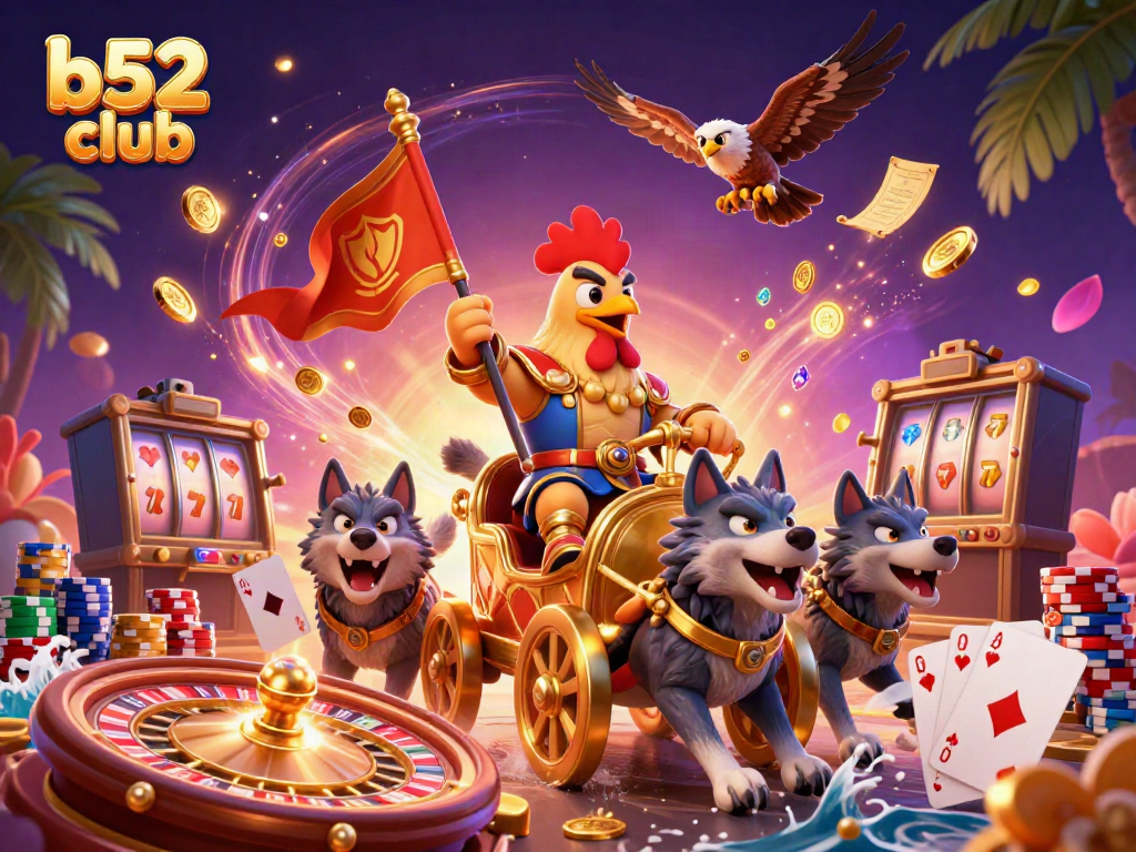 Experience excitement at b52 club with a 3D cartoon warlord, coins, and casino elements.