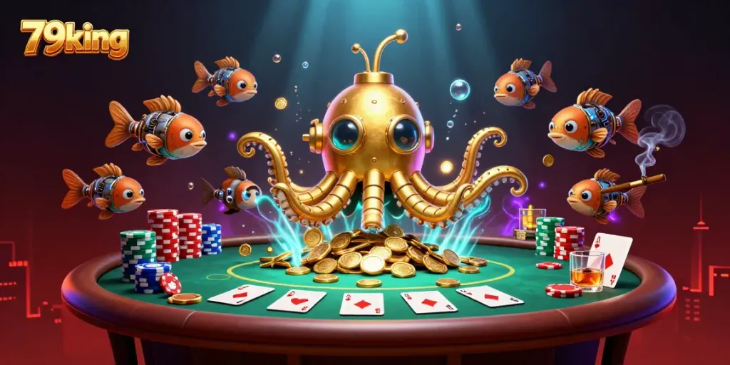 Engage in thrilling gameplay at 79king with a golden kraken submarine and poker-themed elements.