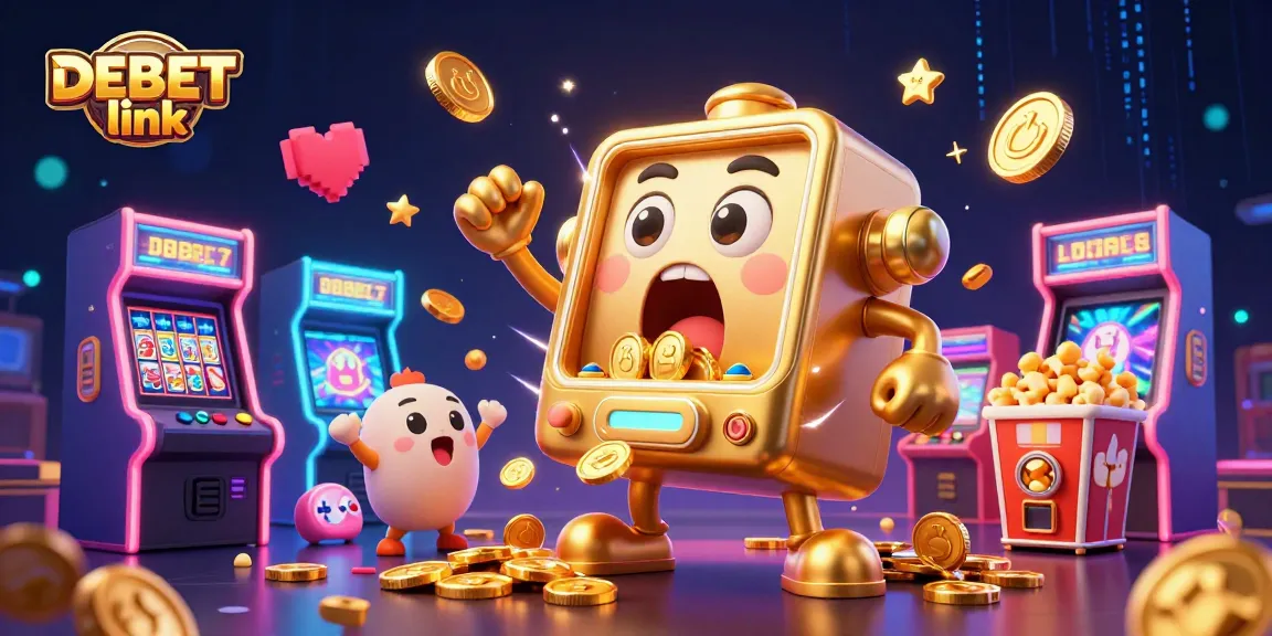 Experience the thrill of winning with DEBET link, an energetic scene with vibrant slot machines and arcade elements.