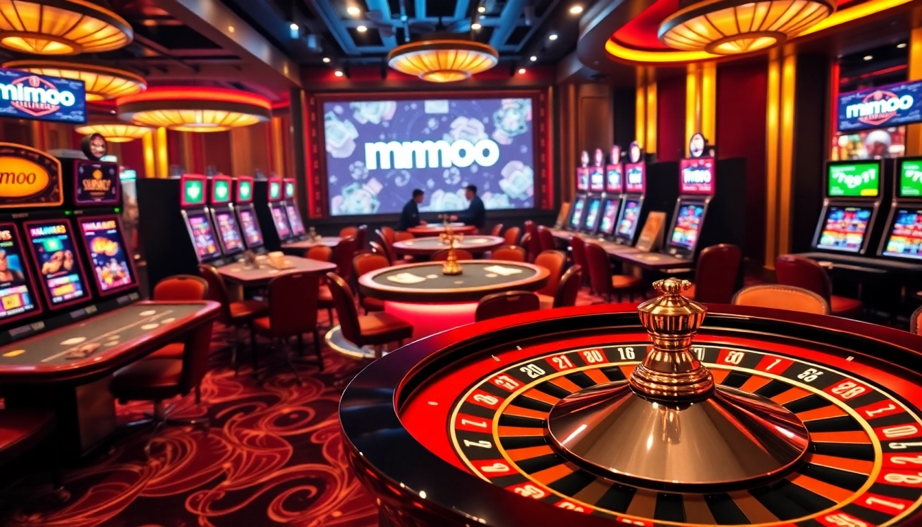 Engaging casino action scene showcasing mmoo gaming tables and vibrant slot machines.