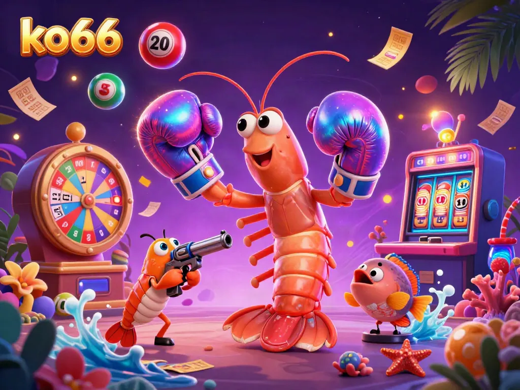Join the excitement with ko66's vibrant casino scene featuring dynamic game elements and colorful characters.
