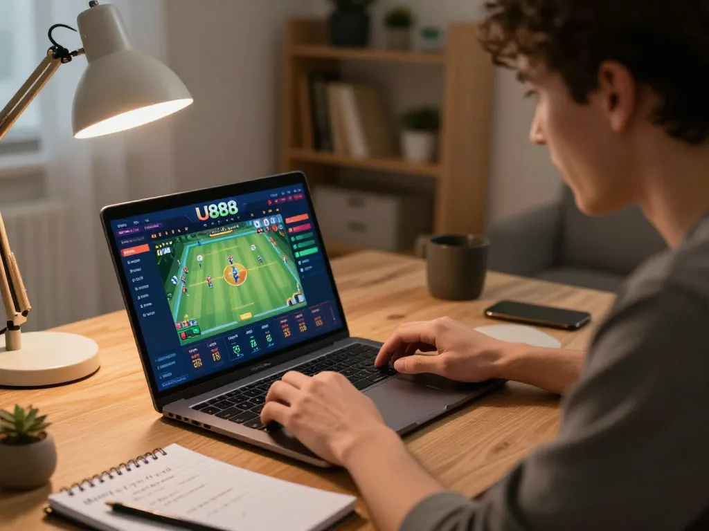 Engaged player analyzing U888 betting odds and strategies in a modern home office setting.