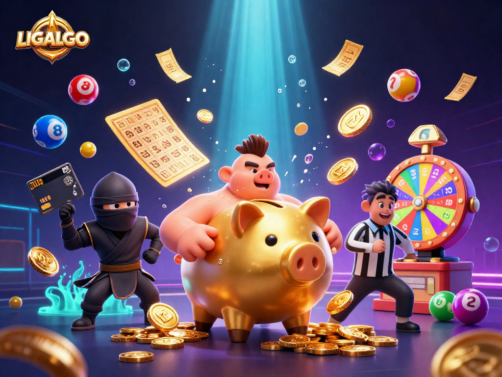 LIGALGO engages players with a lively scene of a golden piggy bank sumo wrestler and dynamic casino elements.