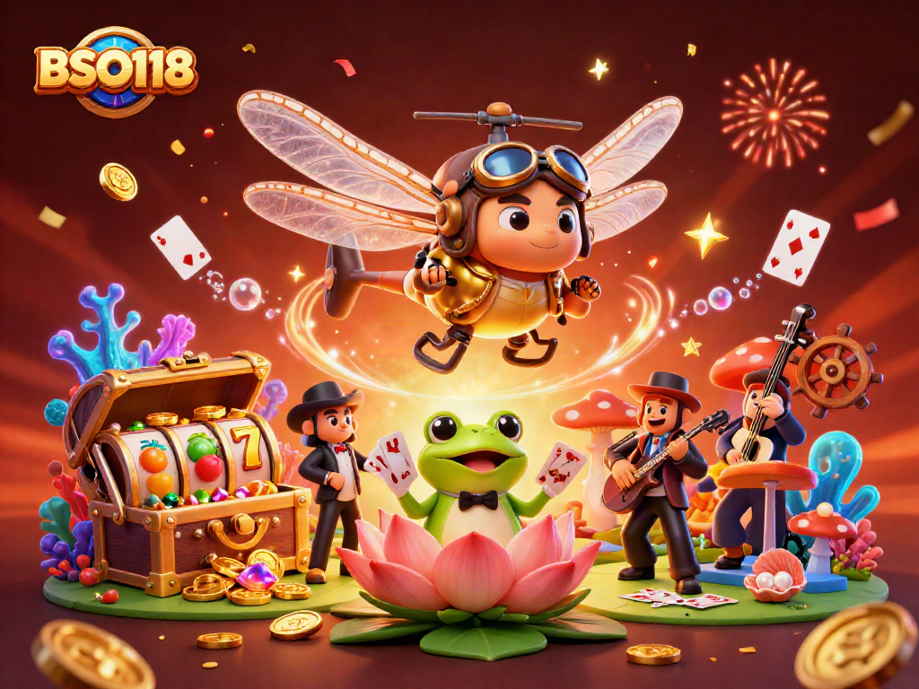 Experience the thrilling world of BSO118 with vibrant casino action featuring a dragonfly pilot and a frog croupier.