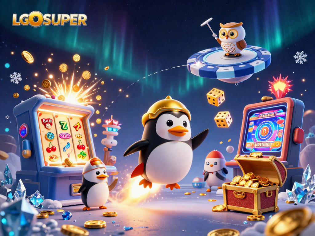 Experience gaming excitement with LGOSUPER's golden penguin and jackpot slots in an animated cosmic scene.