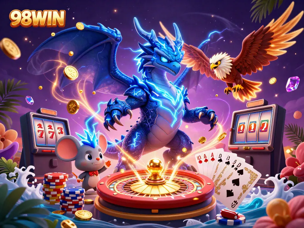 Experience the excitement of casino gaming at 98WIN with vibrant elements and captivating characters!