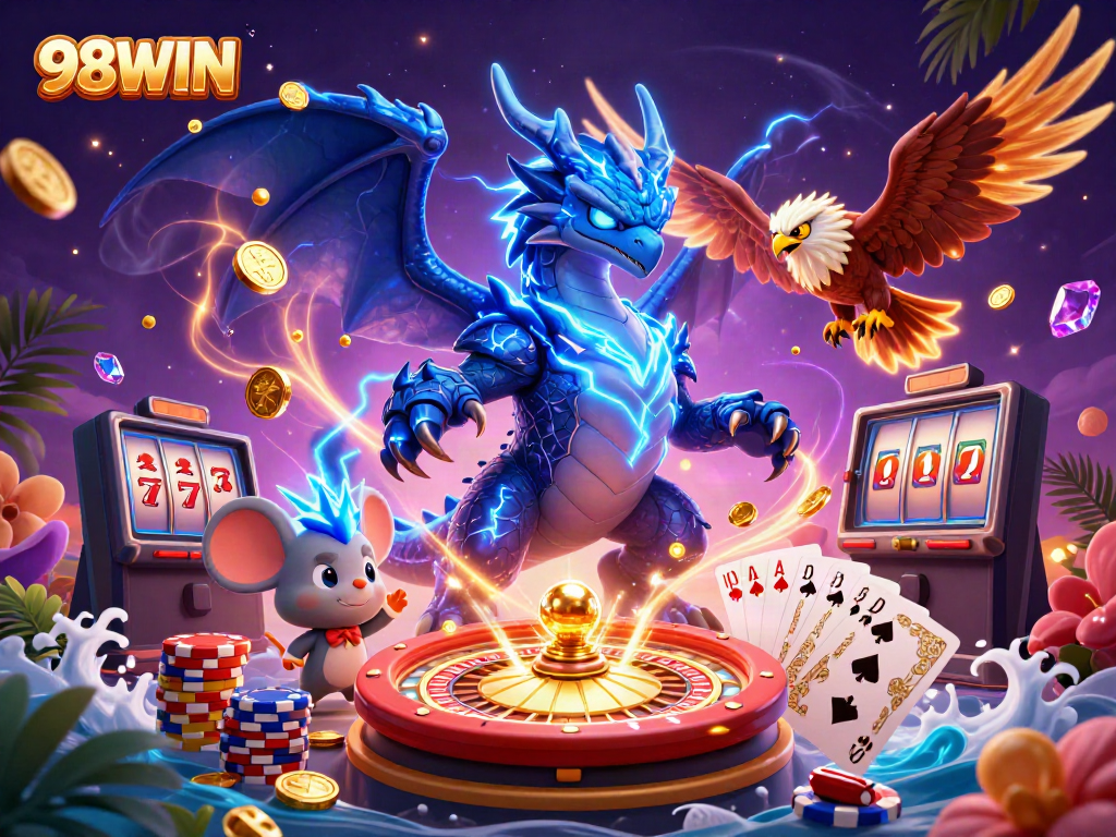 Experience the excitement of casino gaming at 98WIN with vibrant elements and captivating characters!