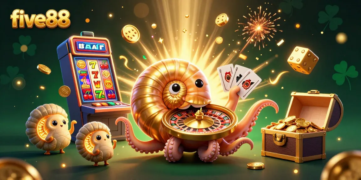 five88 casino scene with a giant nautilus roulette wheel and bursting slot machine in a vibrant 3D illustration.