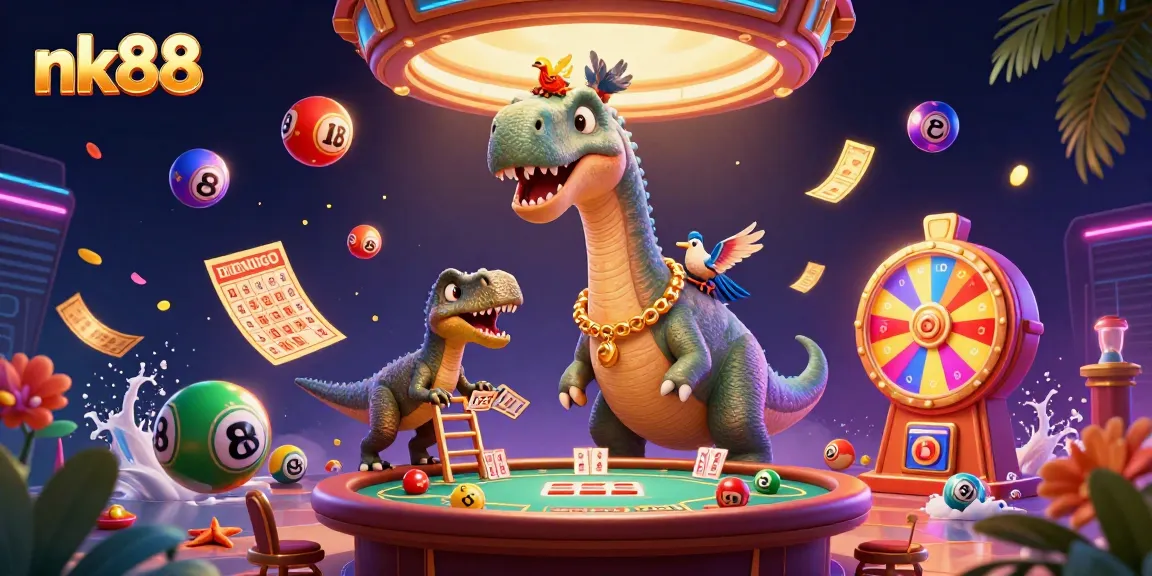 Engage with nk88's vibrant online gaming experience as a giant brontosaurus peers over a poker table.