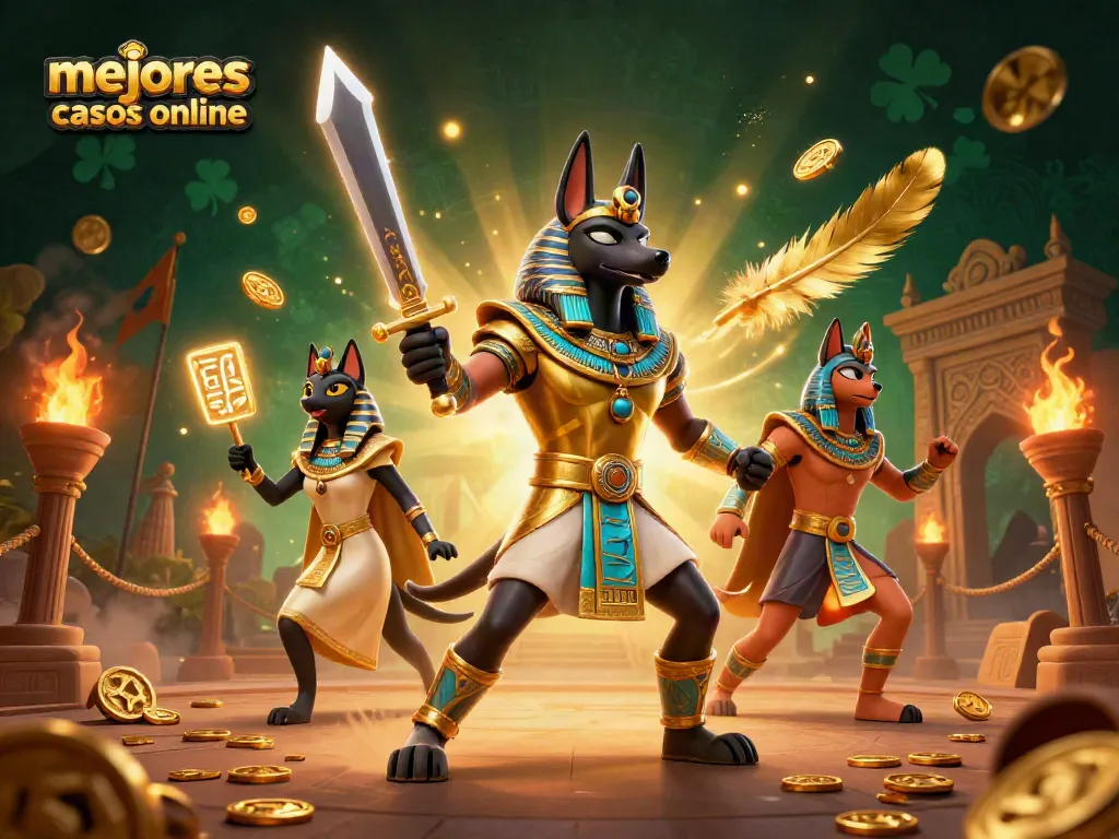 Explora los mejores casinos online en esta ilustración vibrante con personajes míticos y elementos de juego.