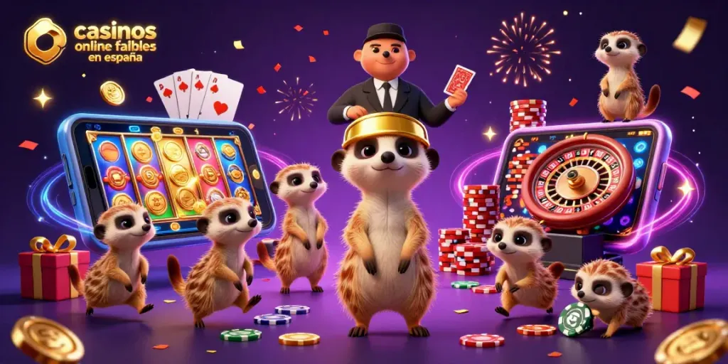 Juega en casinos online fiables en España con divertidos personajes de suricatas disfrutando.