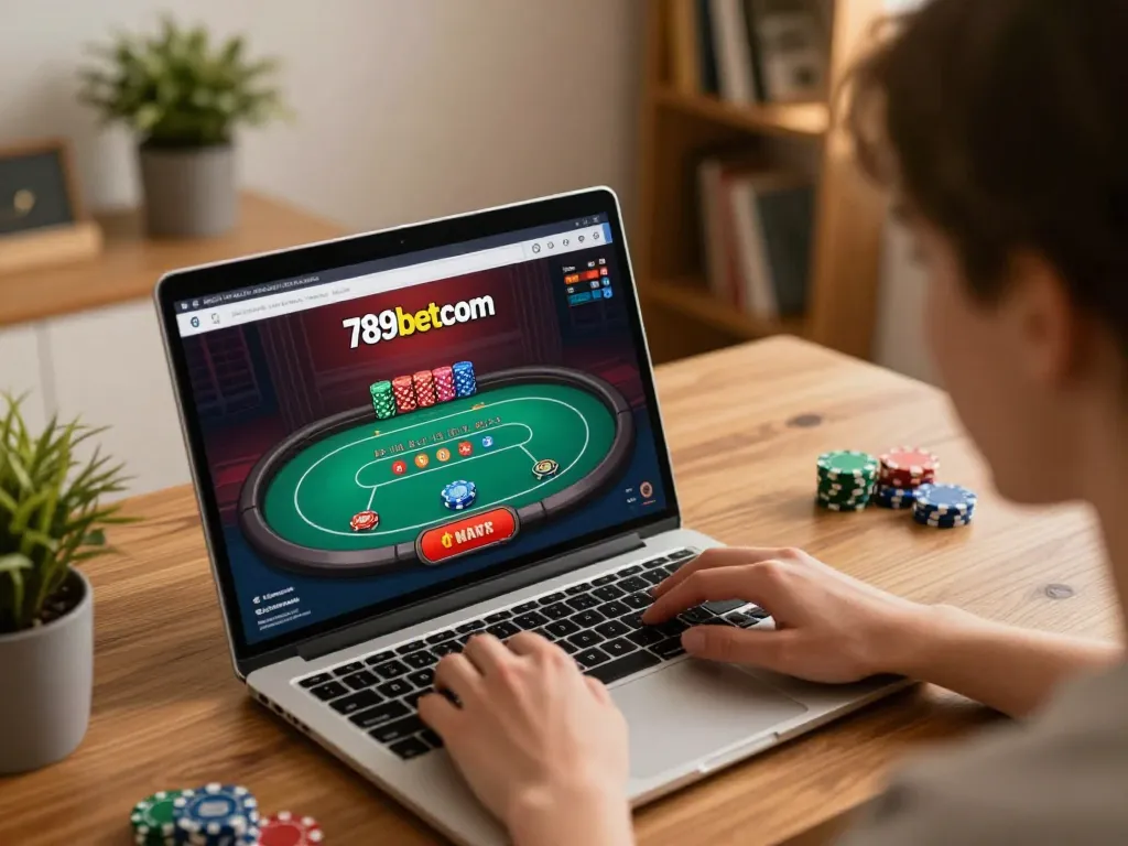 Engaging in online poker gameplay at 789betcom with interactive casino interface visible.