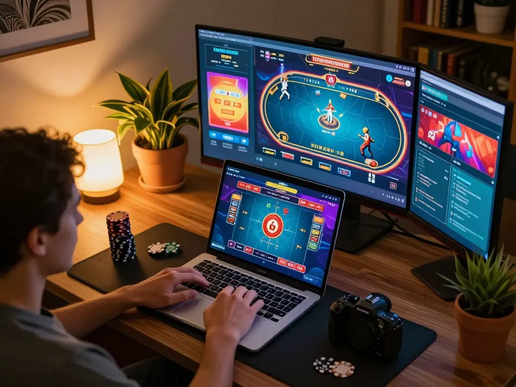 Engaging moment at Trang chủ TR88 with player immersed in online poker gaming at home setup.