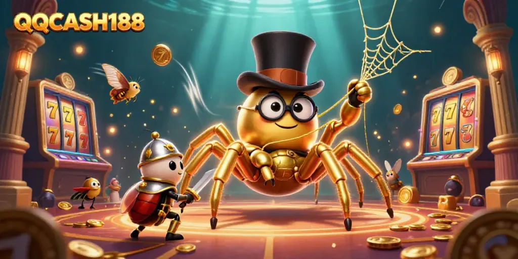 Engage with the thrilling QQCASH188 casino scene featuring vibrant slot elements and dynamic characters.