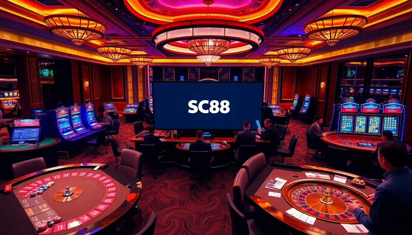 Experience the excitement of Trang Chủ SC88 in a luxurious casino setting with vibrant gaming tables and slot machines.
