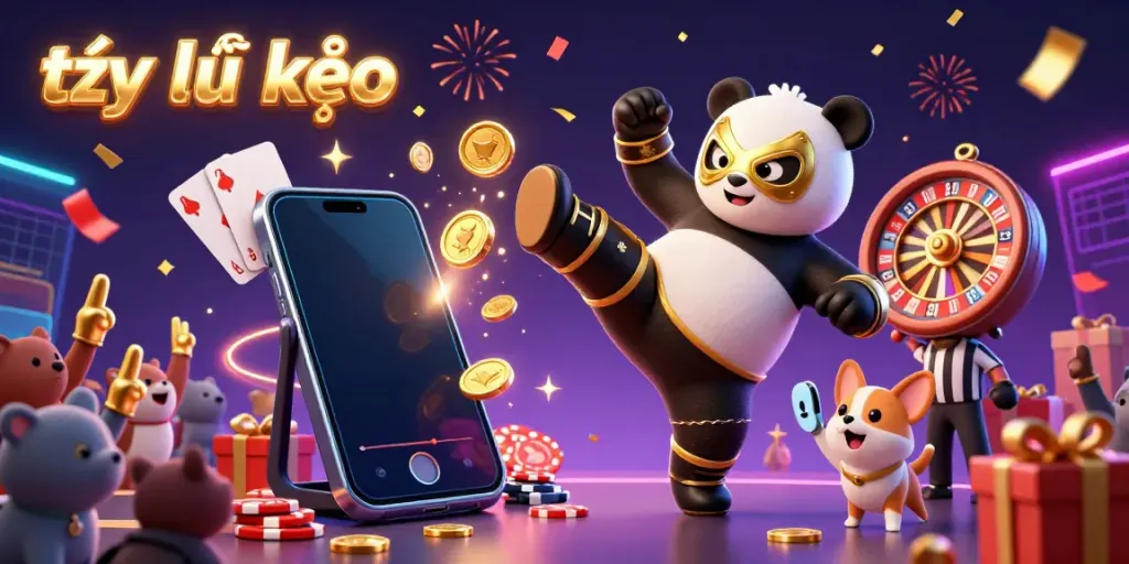 Exciting 3D illustration showcasing tỷ lệ kèo with an animated wrestler panda and excited animal fans.