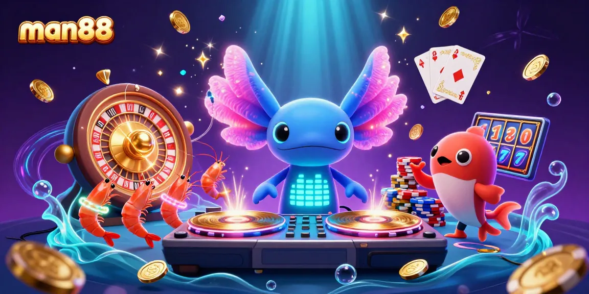 Spin the reels with man88 in a vibrant underwater casino scene featuring dynamic characters and games.