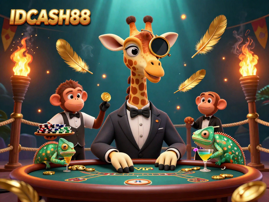 Experience thrilling gameplay at IDCASH88 with a vibrant casino scene featuring unique characters and betting elements.