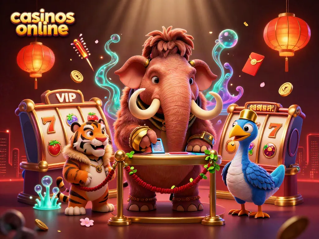 Recrea casinos online en un vibrante ambiente con un mamut, un tigre y un dodo.