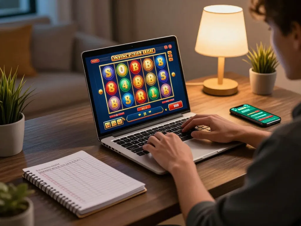 Player engages with sc88 online slots on a modern laptop, showcasing colorful reels and strategic notes.
